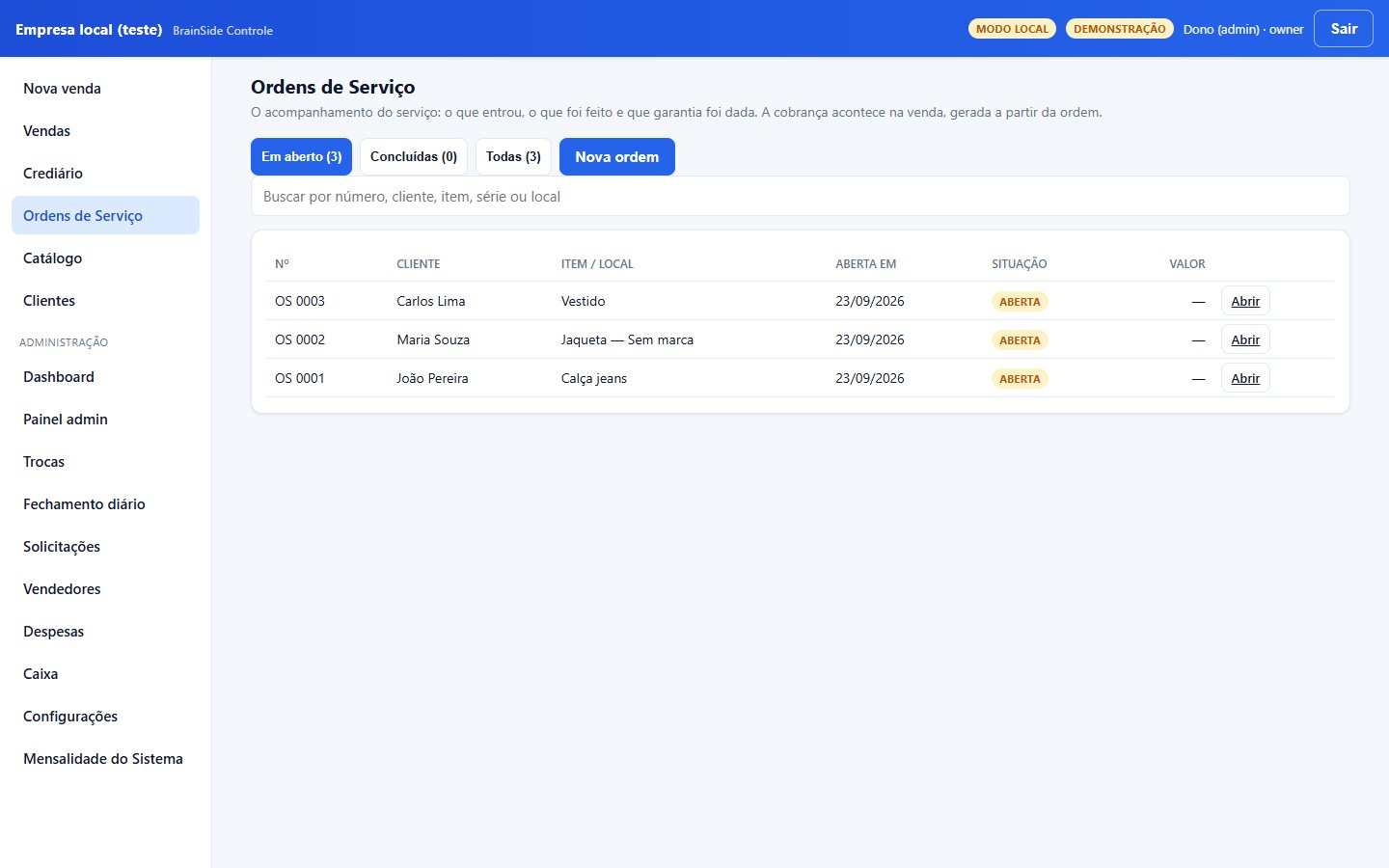 Lista de ordens de serviço do BrainSide Controle com número, cliente, item, data de abertura e situação. Dados fictícios.